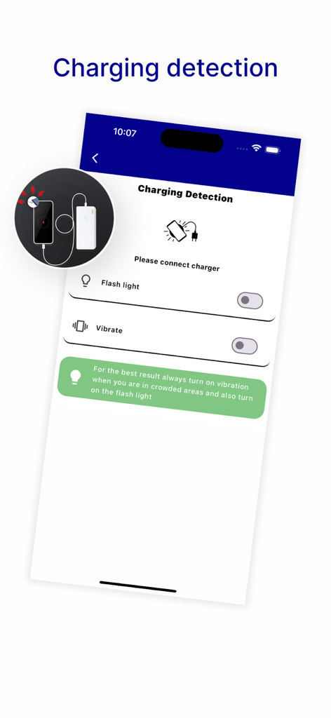 Anti Theft Alarm: Don't touch - Interface of the Anti Theft Alarm app showing the charging detection feature with flashlight and vibration settings