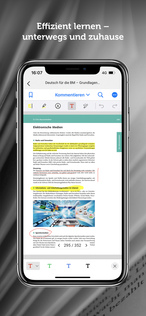 Digital textbook page with highlights and notes in the Fachmedien Orell Fuessli app