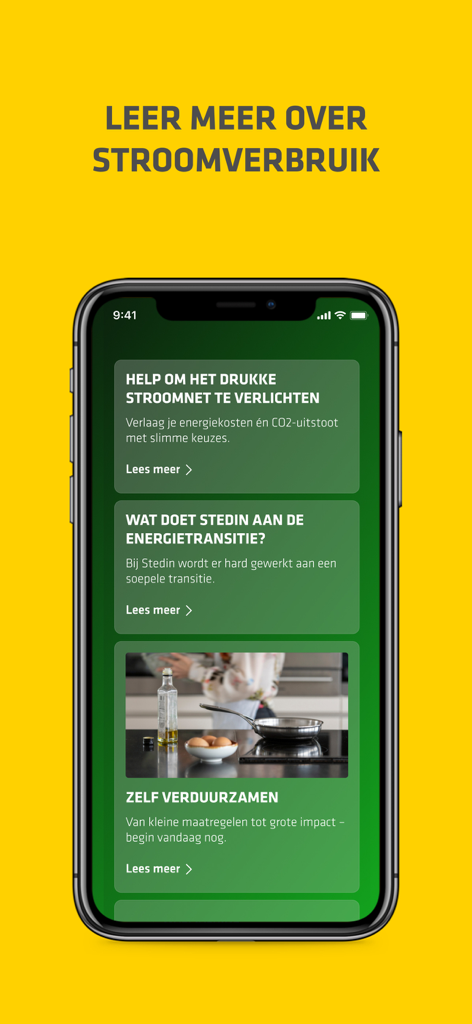Stedin eKlok - Interfaz de la aplicación Stedin eKlok que muestra artículos sobre consumo de energía y transición energética.