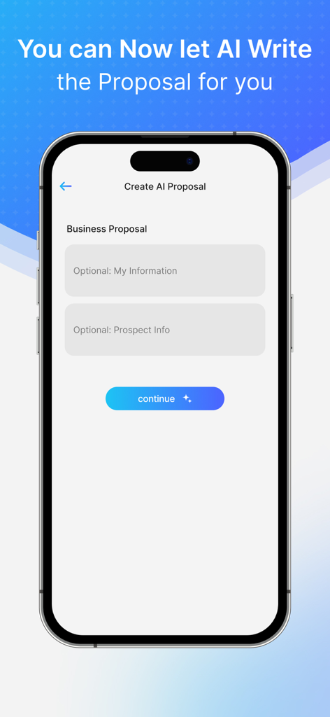 AI Business Proposal Generator - Interface do aplicativo móvel mostrando campos de entrada para criar uma proposta comercial gerada por IA