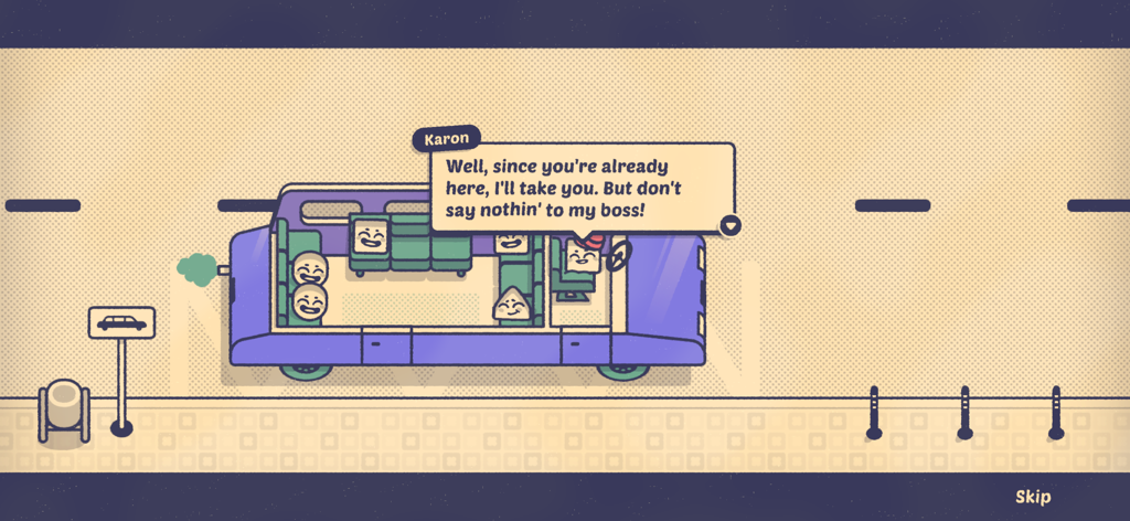 Is This Seat Taken? - A screenshot from the game Is This Seat Taken showing a character named Karon speaking from a purple limousine.