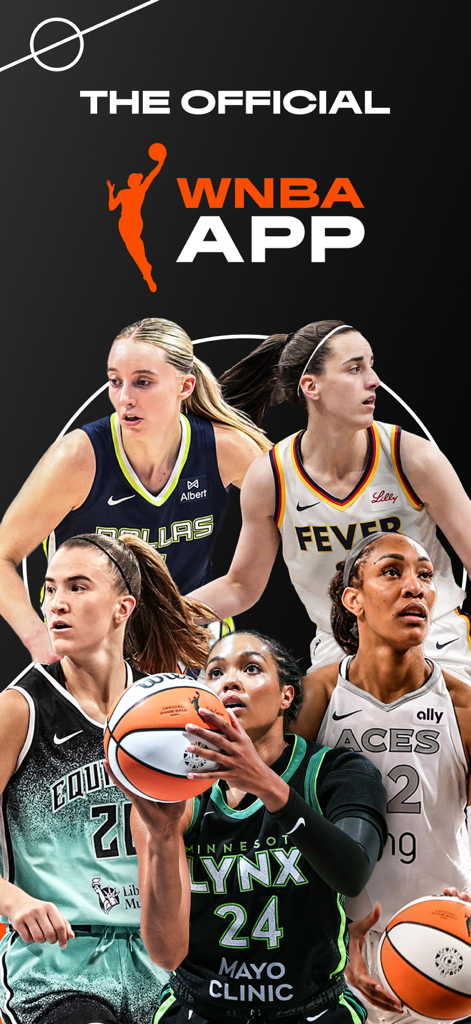 WNBA: Live Games & Scores - Promotional image for the official WNBA app featuring various professional players