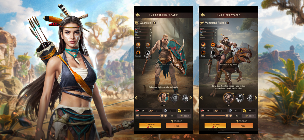 Interfaz de Savage Survival Jurassic Isle mostrando el entrenamiento de unidades para un guardián bárbaro y un jinete de dinosaurio.