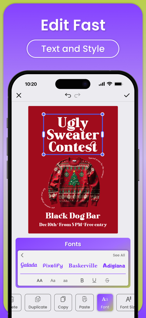 Mobile app interface showing text editing tools and font selection for an event flyer design.