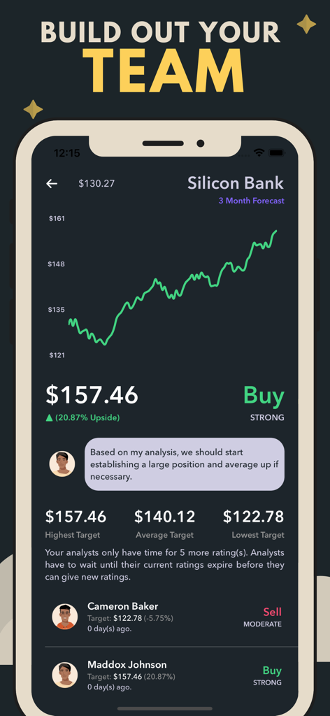 Mobile game interface showing a stock chart for Silicon Bank with analyst team ratings and price targets