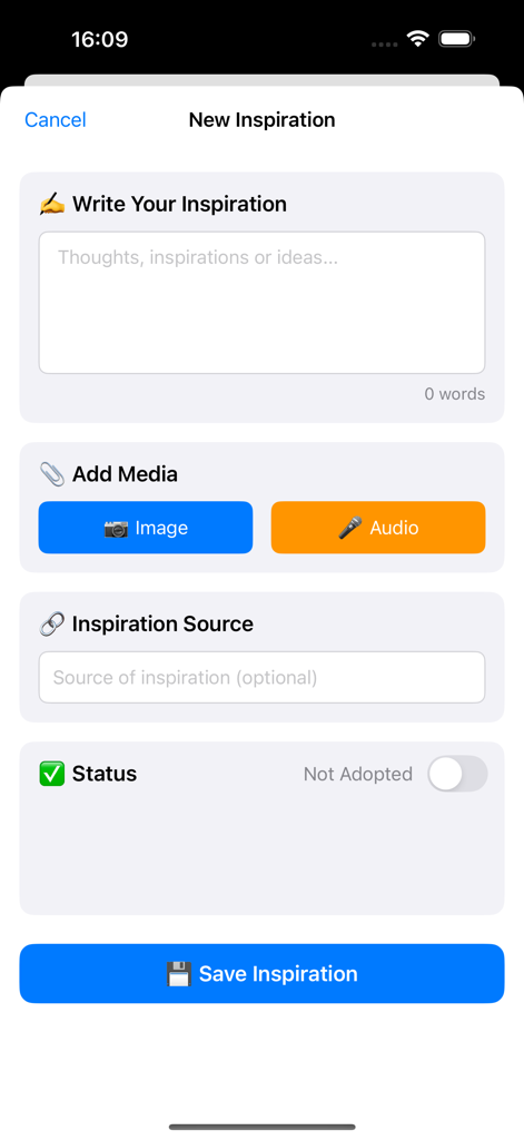 The New Inspiration screen in the TexSmith app for capturing thoughts, ideas, and media.