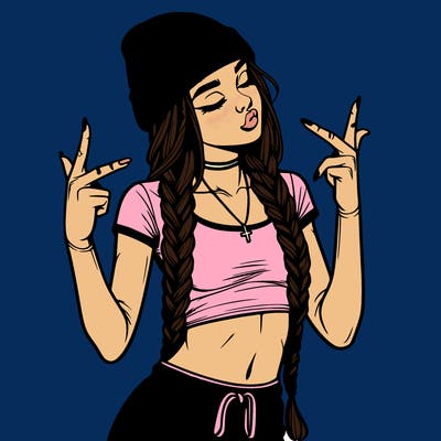 realistic teenage girl with braids and a beanie and crop top doing 🫶🏼