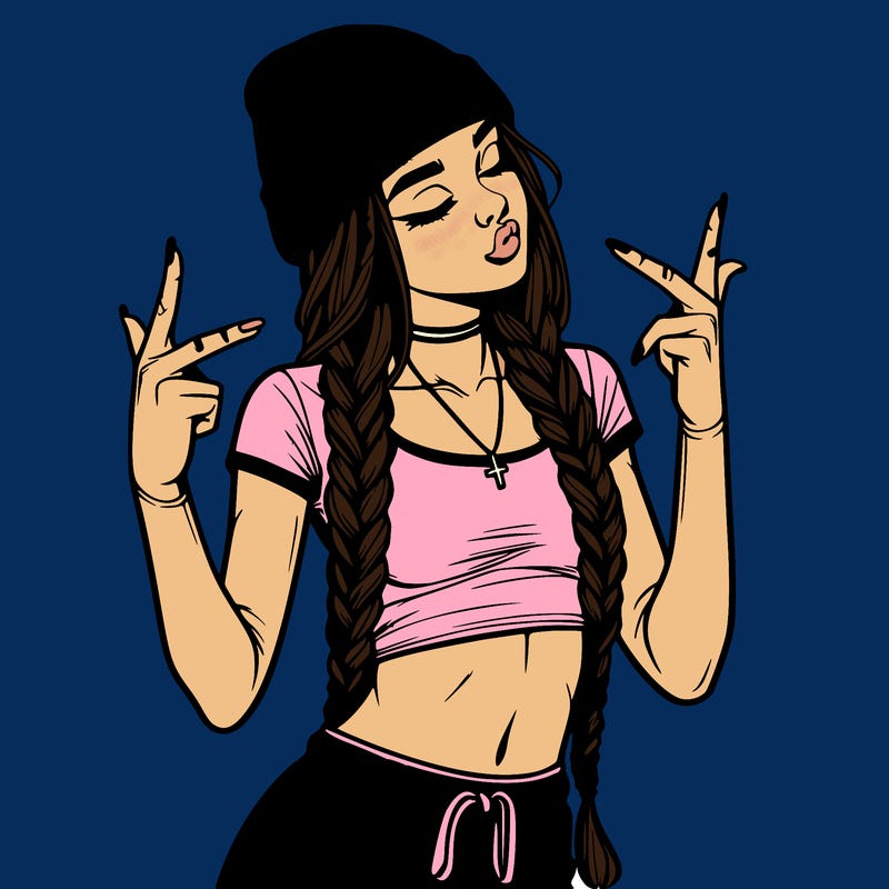 realistic teenage girl with braids and a beanie and crop top doing 🫶🏼