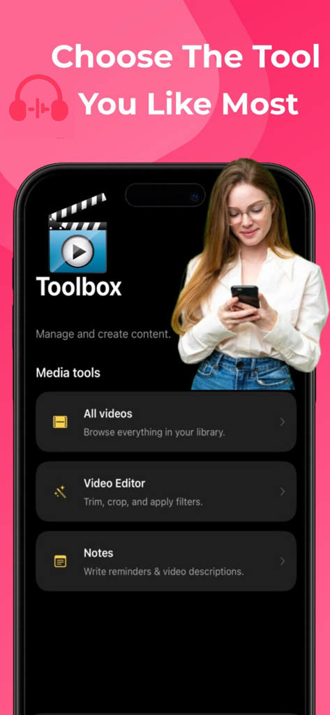 Tubidy Fm app interface showing media tools including video editor and notes.