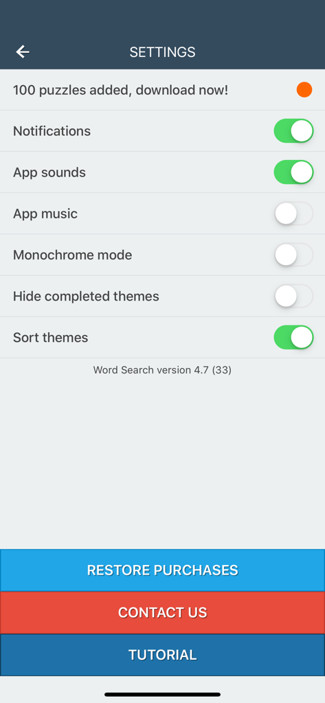 Menu des paramètres de l'application Puzzles de mots cachés RJS montrant des interrupteurs de personnalisation audio et de gameplay