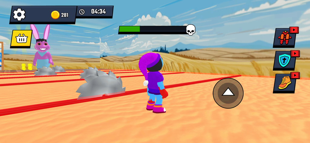 Escape from Dungeon World - A character avoiding circular saw obstacles and a giant pink rabbit in Escape from Dungeon World.