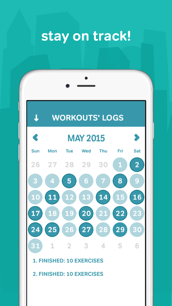 7 minute workouts with lazy monster PRO: daily fitness for kids and women - A mobile app screenshot showing a calendar view for tracking daily 7-minute workouts