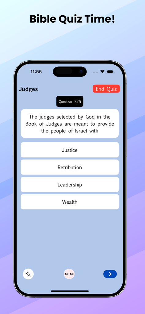 Farsi Bible (Persian Bible) - A Bible quiz interface within the Farsi Bible app featuring a question about the Book of Judges with multiple choice options.