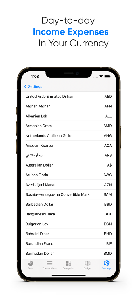 A mobile screen showing the currency selection settings in the Day-to-day Expenses Tracker app