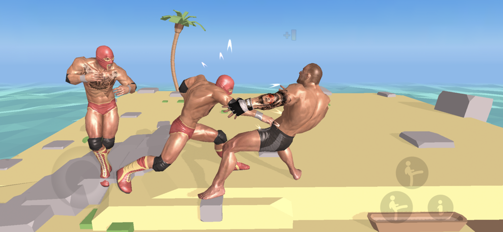 세 명의 근육질 파이터가 래그돌 물리학을 갖춘 열대 섬 아레나에서 전투를 벌이는 모습