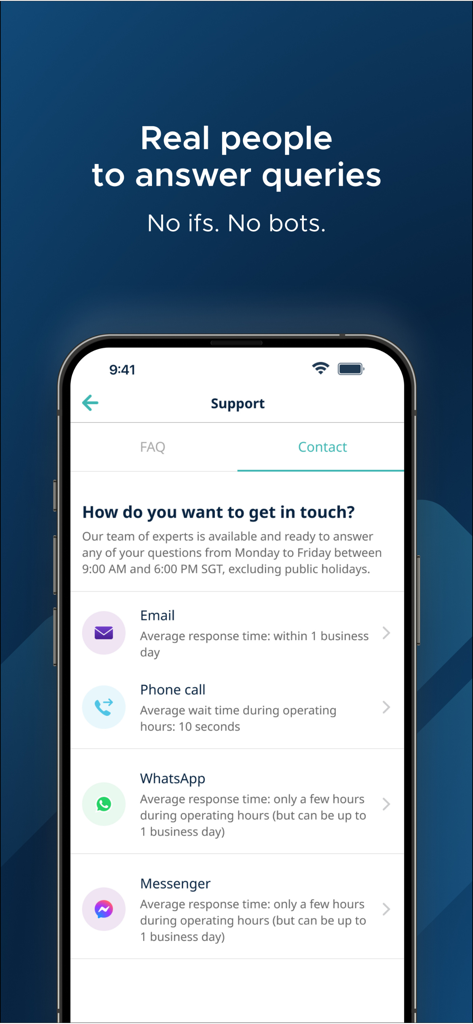StashAway: Simple Investing - StashAway app support screen showing contact methods like email phone and whatsapp for talking to real people