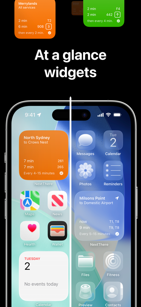 NextThere - Two iPhone screens displaying NextThere transit widgets with real time arrival times for bus and train services.