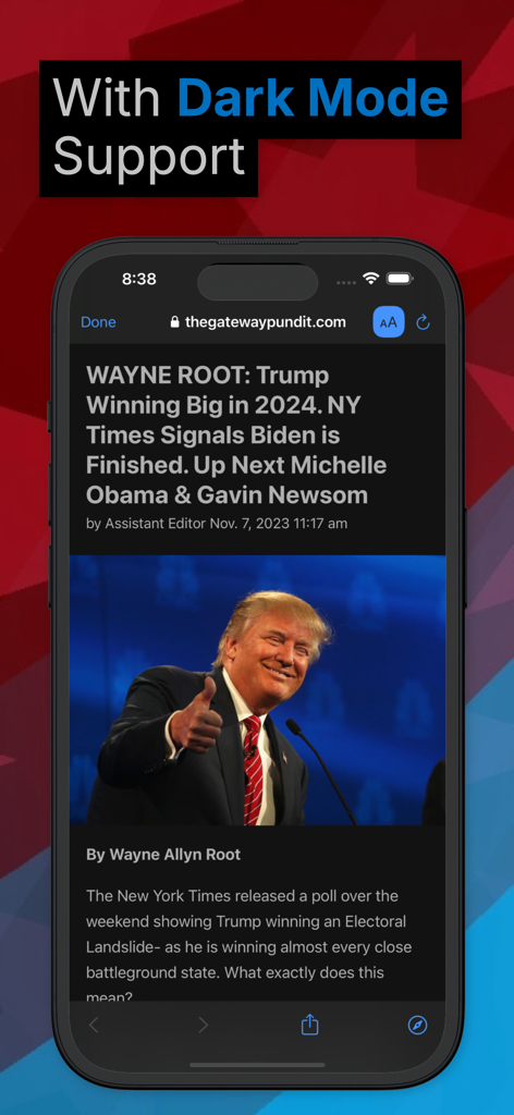 Conservative News - Smartphone display showing the Conservative News app with dark mode support enabled.