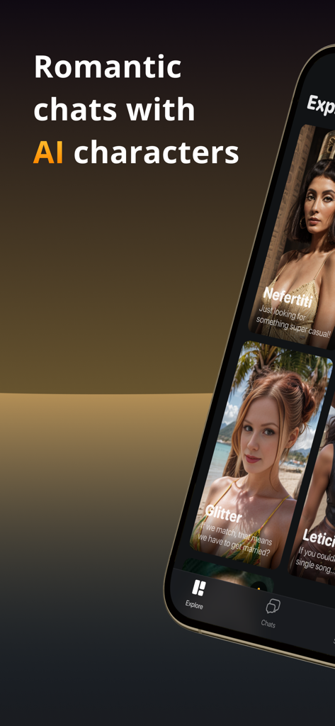 Romantic AI Girlfriend Chat - Pantalla de smartphone mostrando la aplicación Romantic AI Girlfriend Chat con varios perfiles de personajes virtuales.