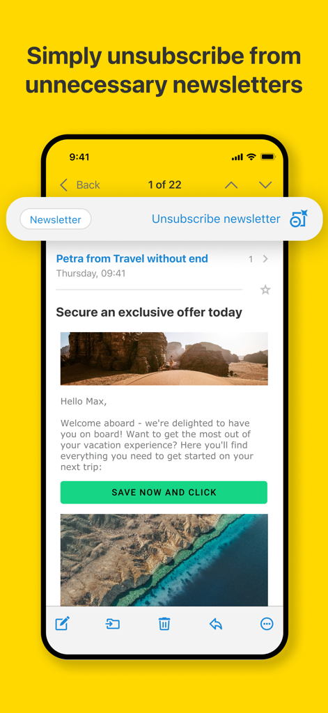 Schermata dello smartphone che mostra la funzione dell'app WEB.DE per disiscriversi facilmente dalle newsletter all'interno di un'email.
