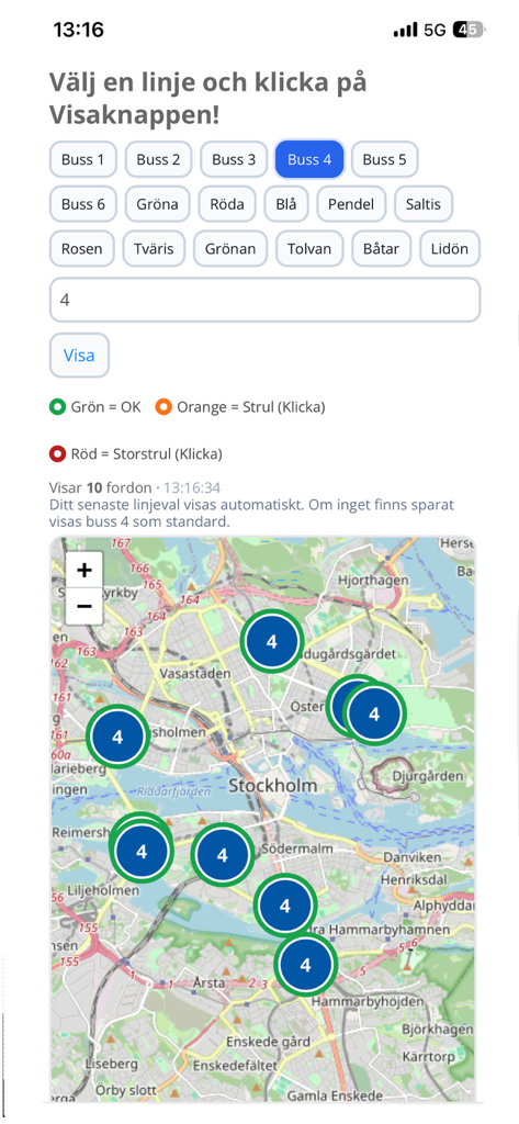 Stockholm public transit map in the Strul app showing real-time bus locations and status
