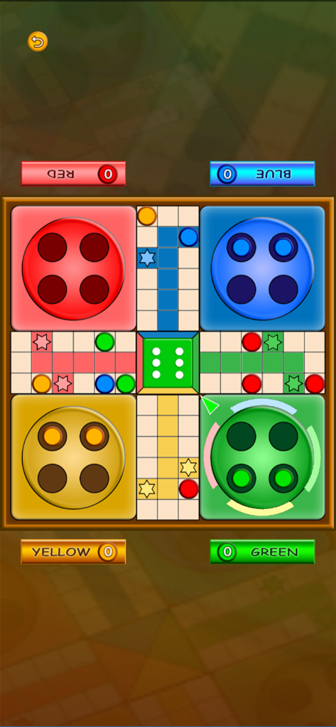 Ludo Fun - Classic Ludo board game interface with colorful tokens and a dice showing six