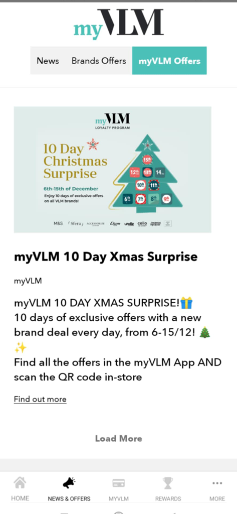 myVLM Card - myVLM app interface showing Christmas loyalty rewards and brand deals