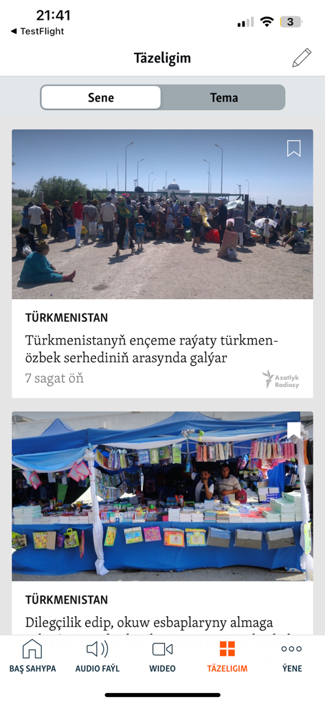 Azatlyk Radiosy - Azatlyk Radiosy news feed interface displaying articles in Turkmen language with categories and navigation menu.