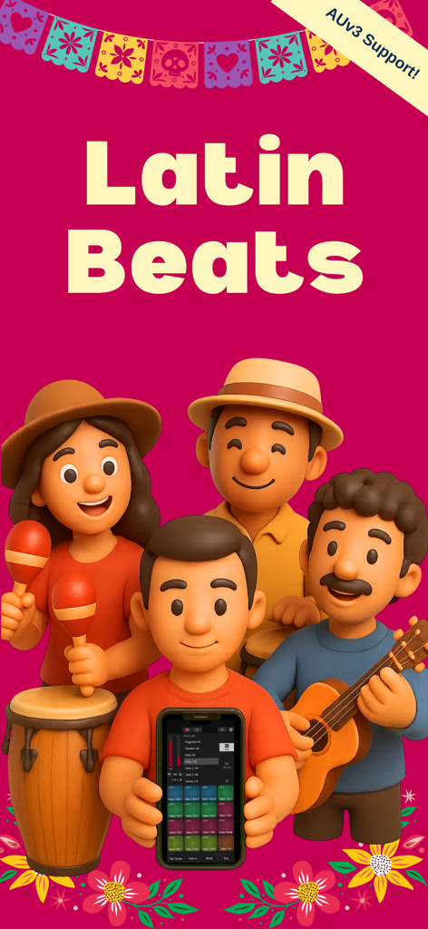 3D cartoon musicians presenting the Latin Beats drum pad app interface