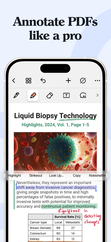 Interface of Noteshelf 3 showing PDF annotation with highlights and handwritten notes on an iPhone