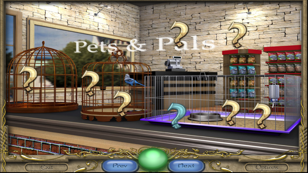 FlipPix Art - Town Square - Interior of a pet shop level in FlipPix Art featuring bird cages and hidden logic puzzles