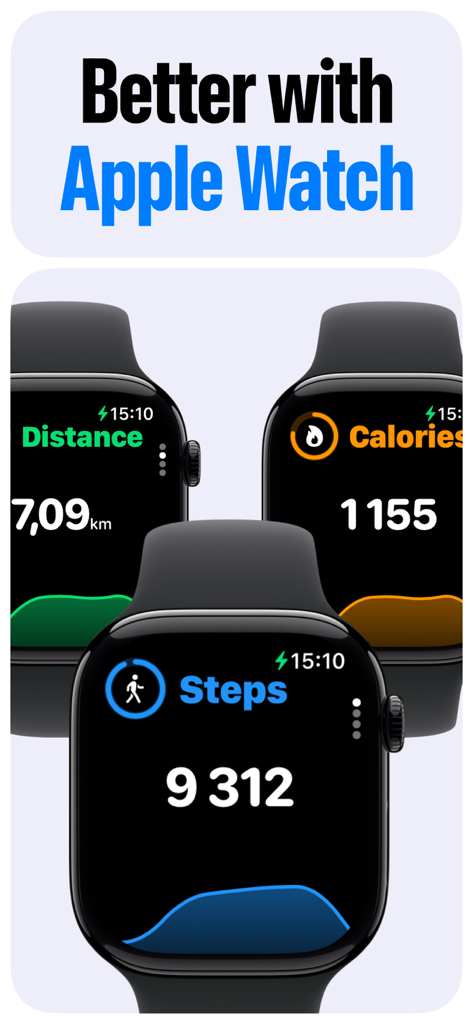 Integração do aplicativo StepGo mostrando passos, calorias e distância no Apple Watch