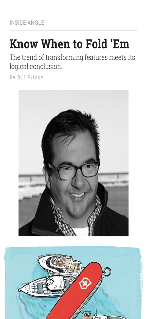 Artigo Inside Angle da Power and Motoryacht Magazine com um retrato do autor Bill Prince e uma ilustração criativa de barcos como ferramentas em um canivete suíço.