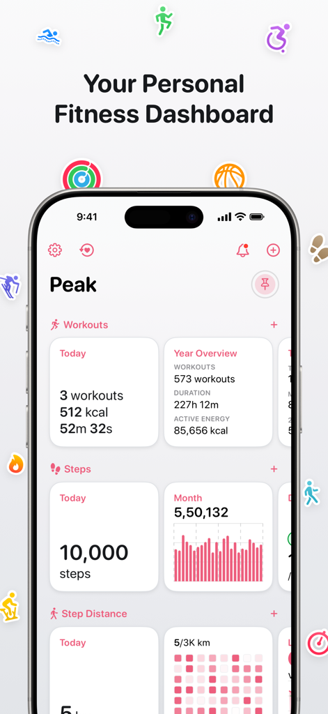 Peak: Health & Fitness Widgets - A personal fitness dashboard on an iPhone showing daily workouts, step counts, and year overviews with clean data visualizations.