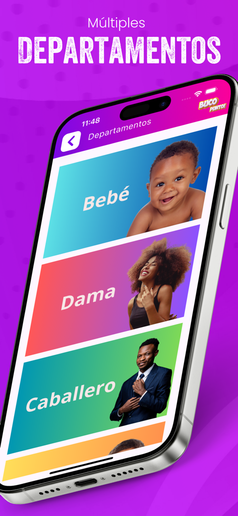 Pantalla de smartphone de la app Buco Punto mostrando categorías de compras para bebé, mujer y hombre.