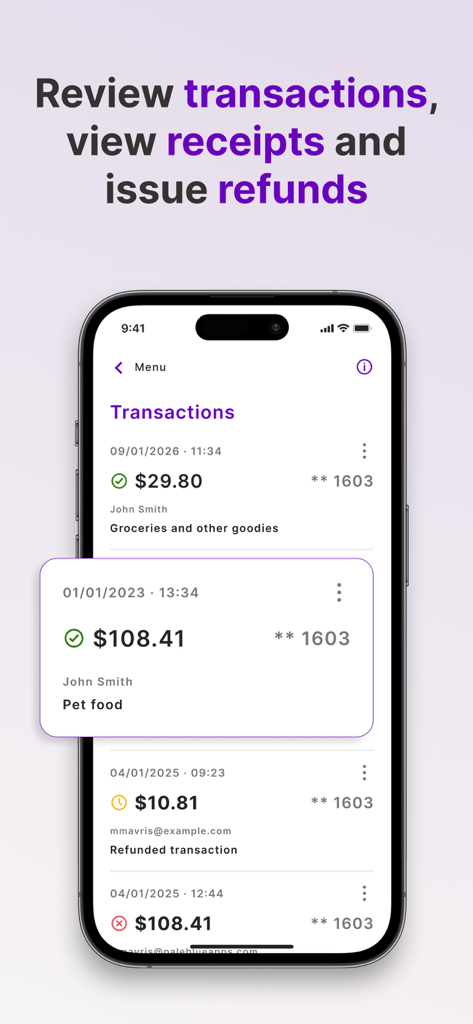Tap to Pay with Stripe - Paid - iPhone screen displaying transaction history and refund management in the Paid for Stripe app