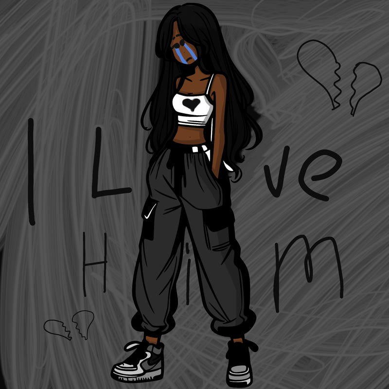 girl in baggy pants crop top and long hair