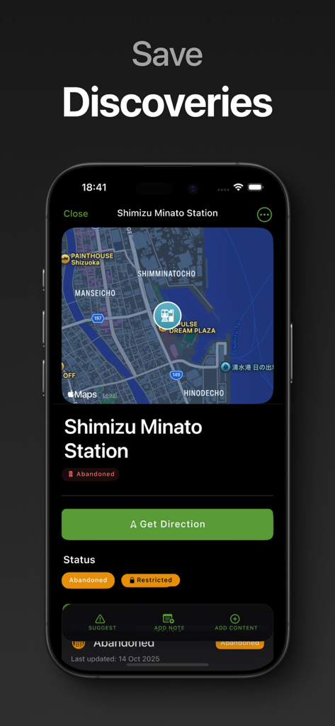 Interface do aplicativo Urbex mostrando um mapa e informações para uma estação abandonada com um botão de obter direções