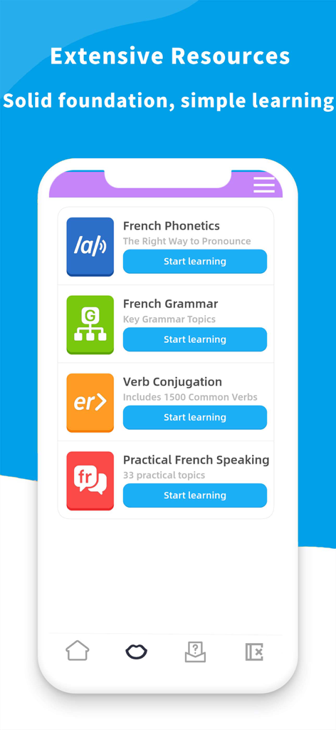 Learn French- For Beginners - Captura de pantalla de la aplicación Aprender francés que muestra los módulos de fonética, gramática y conjugación de verbos.