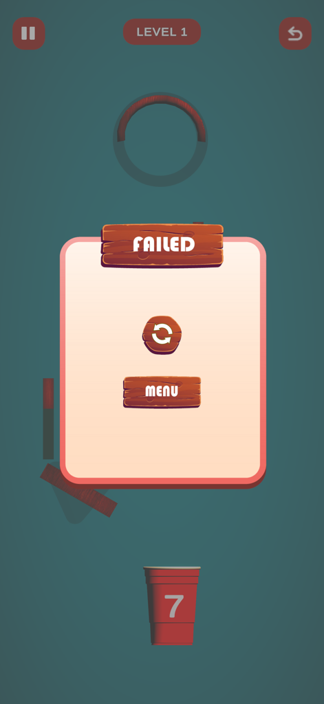 Crazy Popcorn Catch - Pantalla de nivel fallido con botones de menú y reinicio en Crazy Popcorn Catch