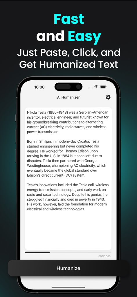 AI Humanizer app interface showing a text input area with sample text and a humanize button