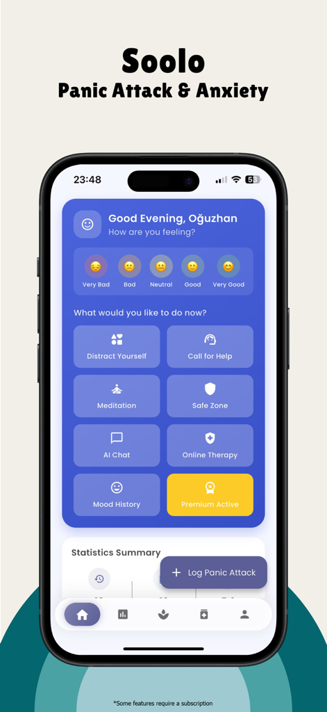 Panel principal de la aplicación Soolo que presenta seguimiento del estado de ánimo y herramientas de alivio de la ansiedad como chat de IA y juegos de distracción.