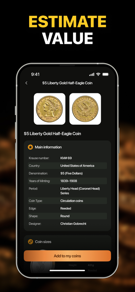 AI Coin identifier - AI Coin Identifier app screen showing value estimation and historical details for a 5 dollar Liberty Gold Half-Eagle coin
