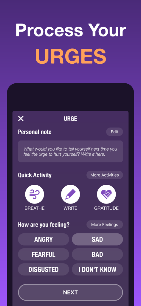 HarmLess: Self Harm Tracker - Schermata dell'app HarmLess per la gestione degli impulsi con attività rapide e check-in emotivo.