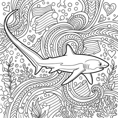 Swim into a world of vibrant creativity with this unique Thresher Shark coloring page, celebrating the spirit of Pride Month. Discover intricate patterns, a majestic thresher shark, and elements of love and diversity waiting for your colorful touch.
