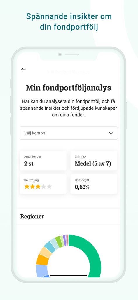 Écran d'analyse du portefeuille de fonds de l'application mobile Avanza affichant les indicateurs d'investissement et un graphique circulaire de répartition régionale