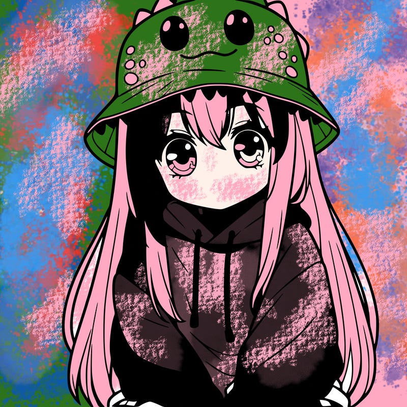 girl with anime shaped eyes with a dinosaur bucket hat oversized sweatshirt long straight hair