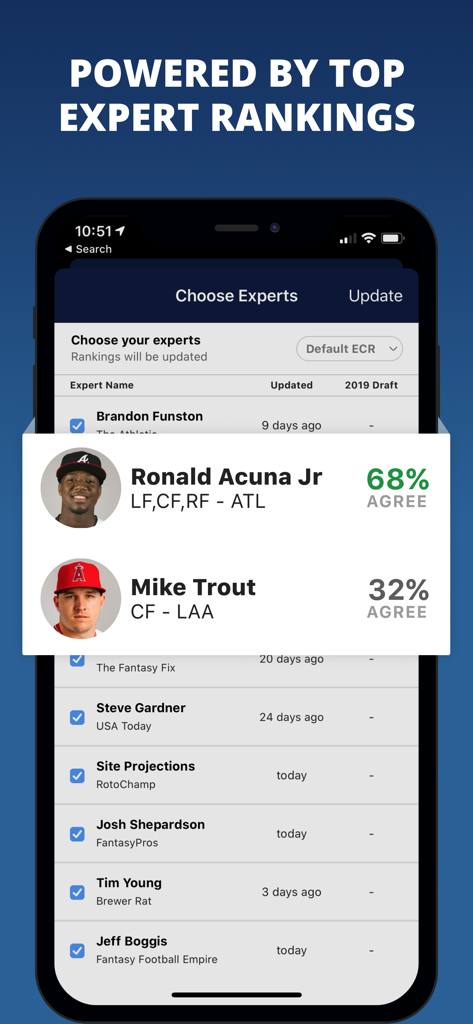 Uma interface móvel do aplicativo Fantasy Baseball Draft Wizard mostrando os rankings de consenso dos especialistas e as porcentagens de concordância para os jogadores Ronald Acuña Jr e Mike Trout.