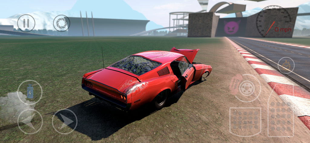 A red classic muscle car showing realistic body damage and smashed windows on a stunt track.