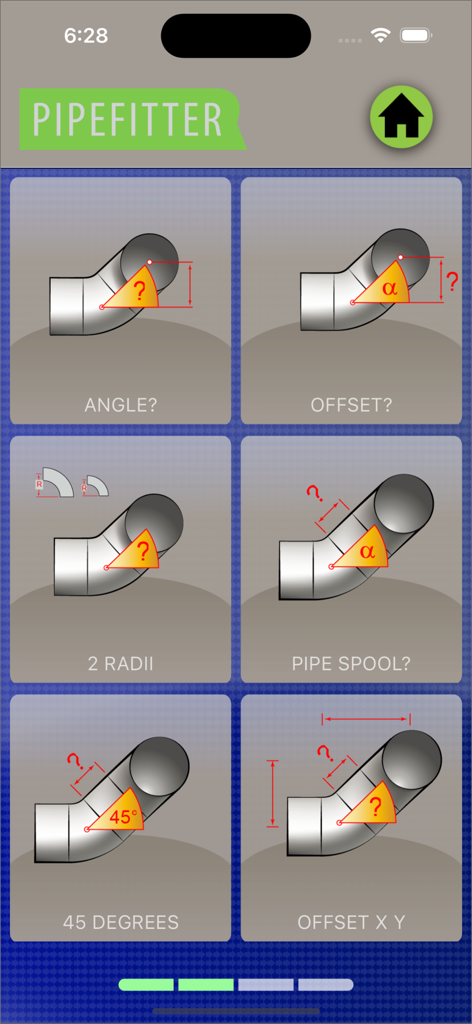 Pipefitter app menu displaying various calculation options including angle and offset with technical pipe diagrams